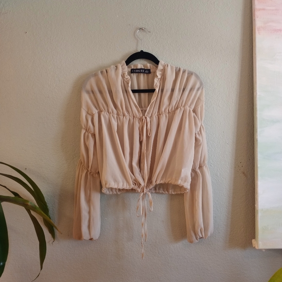 Lioness Au Revoir Sheer Puffed Balloon sleeve Babydoll Tiered Ruffled Top - Picture 4 of 9